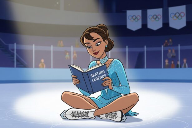 Books That Inspired Olympic Athletes illustration of figure skater reading on the ice rink