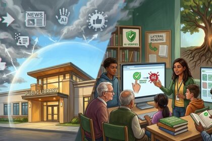 librarian helping patrons identify AI-generated fake content and verify sources