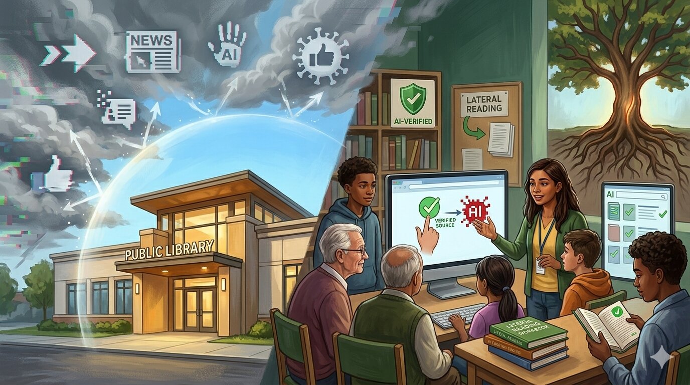 librarian helping patrons identify AI-generated fake content and verify sources