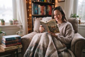 Woman reading comfort fiction in a cozy setting