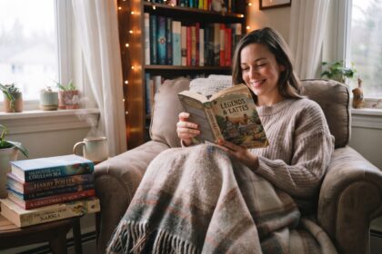 Woman reading comfort fiction in a cozy setting
